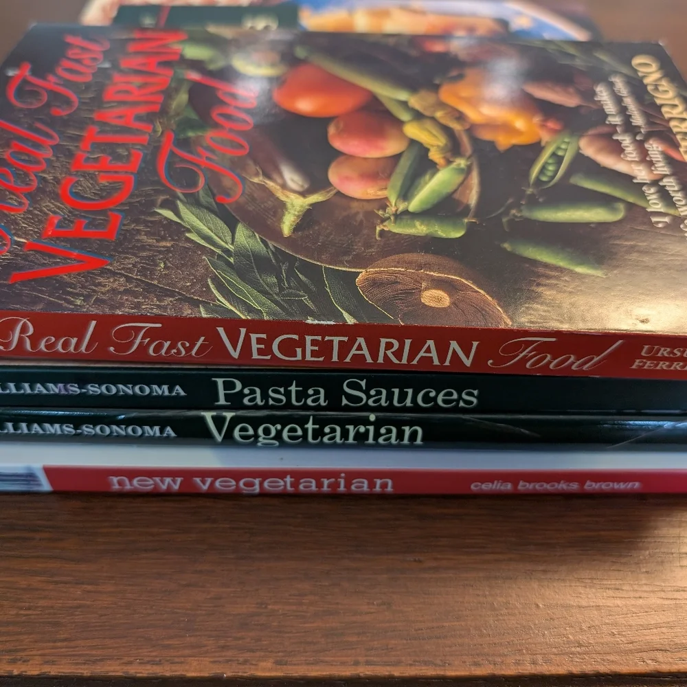 2 Williams Sonoma Red and Black Kitchen Cookbooks & 2 Vegetarian Cookbooks